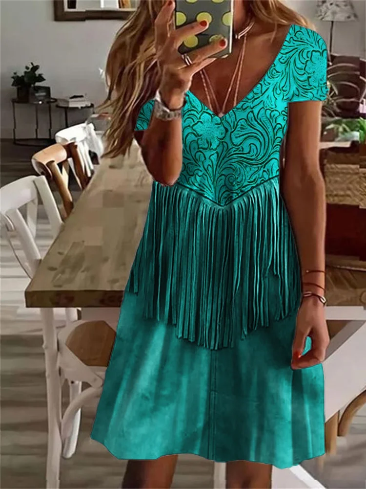 Western Floral Patchwork Leather Art V Neck Midi Dress