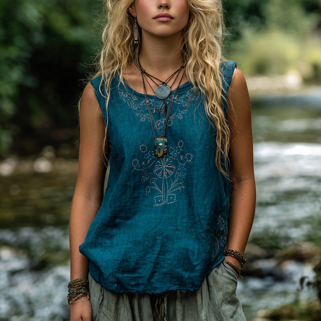 Bohemian Women's Printed Linen Sleeveless Tank Top Casual Camisole