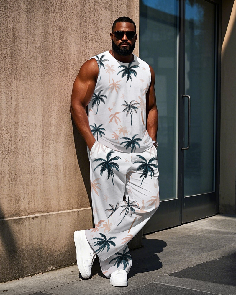 Men's Big Size Simple Hawaiian Coconut Trees Printed Sporty Vest and Pants Set
