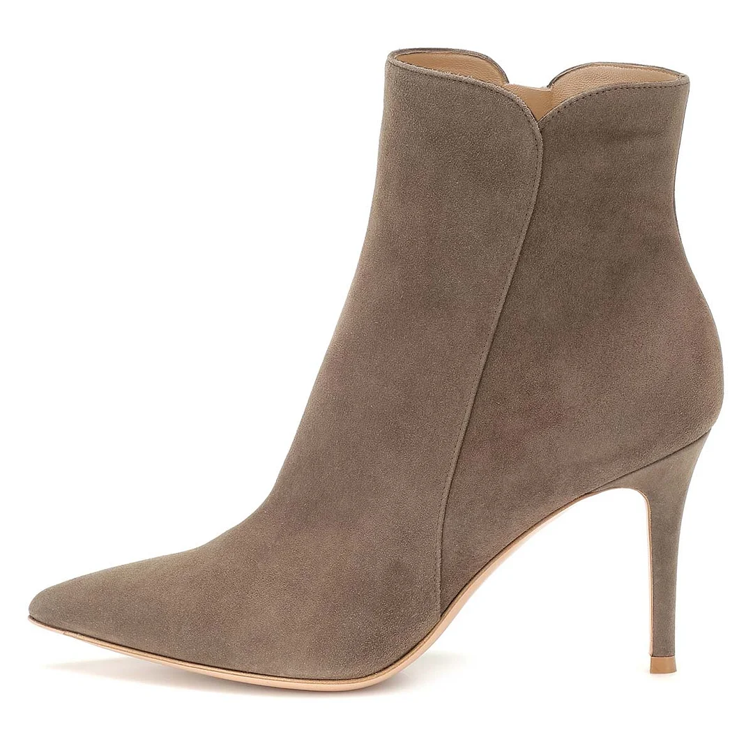 Taupe Vegan Suede Stiletto Heel Pointed Toe Ankle Boots for Women