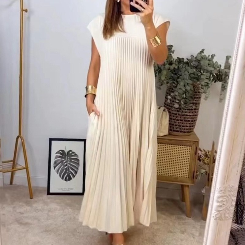 Mature Women Short Sleeve Pleated Long Dress Summer Round Neck Dress