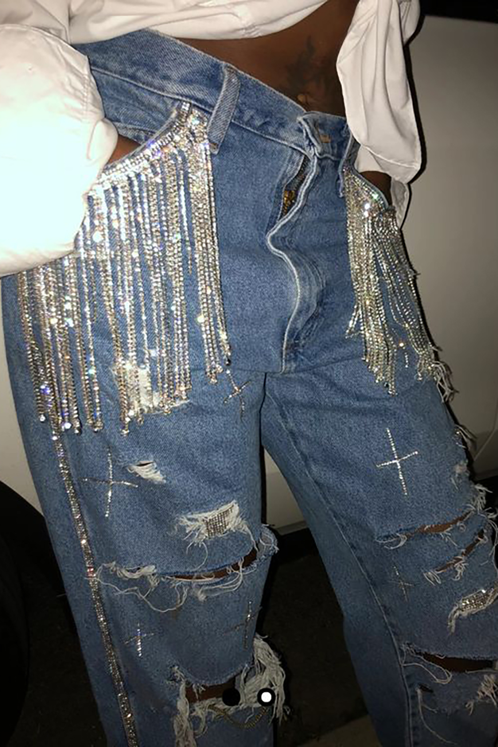 Plus Size Casual Jean Blue Denim Cut Out Shiny Tassel Fringe Jean