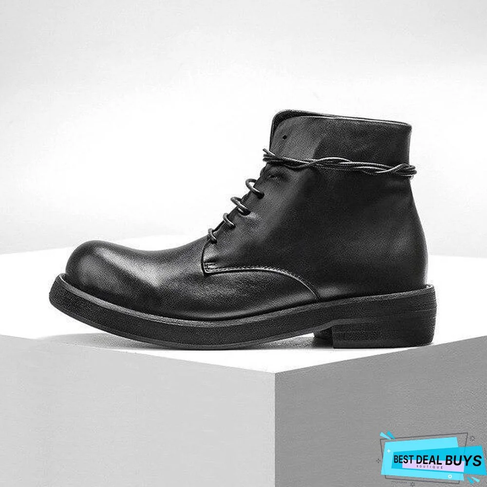 Men Casual Shoes High-Top Ankle Riding Boots Vintage Genuine Leather Sneakers Black Lace Up Work Boots