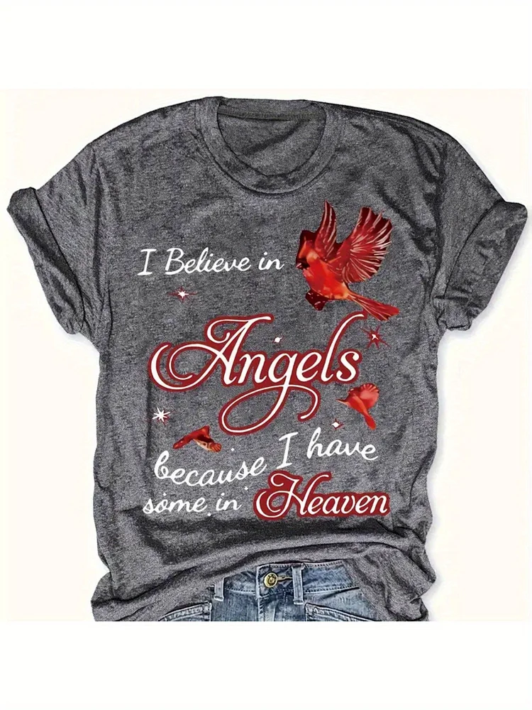 Lightweight Breathable Polyester Women's Casual Graphic T-Shirt - "I Believe In Angels" Bird & Letter Design | Short Sleeve Crew Neck Top For Spring & Summer Wardrobe