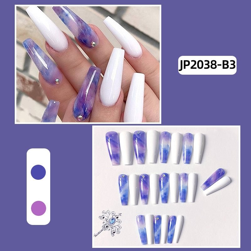 European Long Coffin Fake Nails Mist Purple Simple Pattern Fingernail Full Acrylic Ballerina Nail Art Tips Wave Line Design