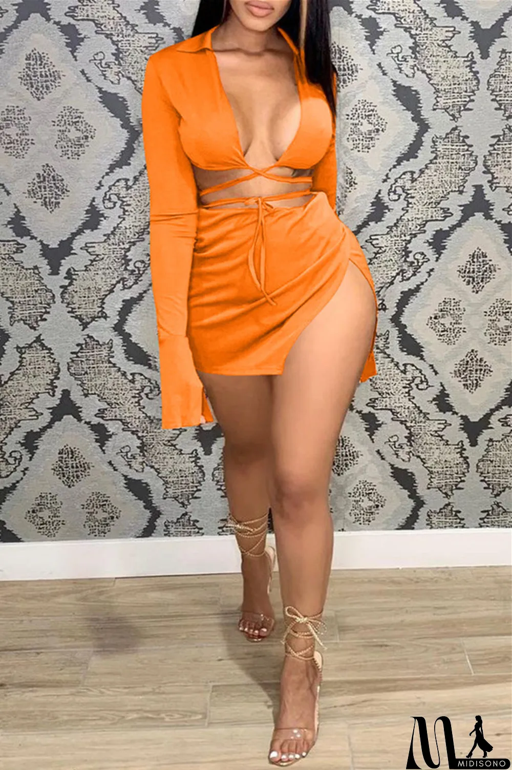 MidiSono - Khaki Sexy Casual Solid Bandage Slit V Neck Long Sleeve Two Pieces