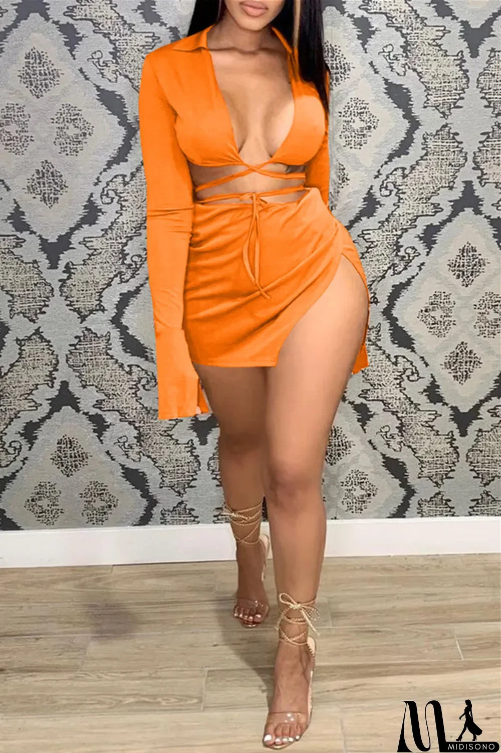 MidiSono - Khaki Sexy Casual Solid Bandage Slit V Neck Long Sleeve Two Pieces