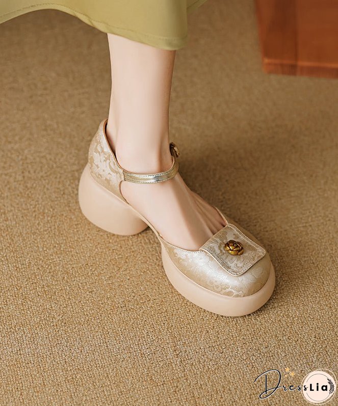 New Retro Green Embossed Buckle Strap Chunky Sandals