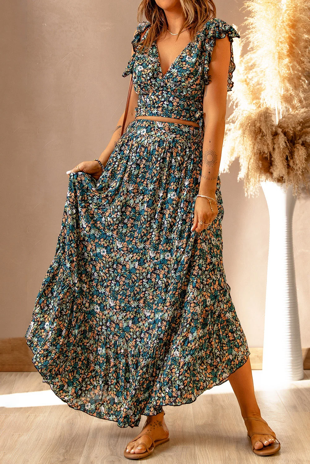 Multicolor Floral Ruffled Crop Top and Maxi Skirt Set | IFYHOME