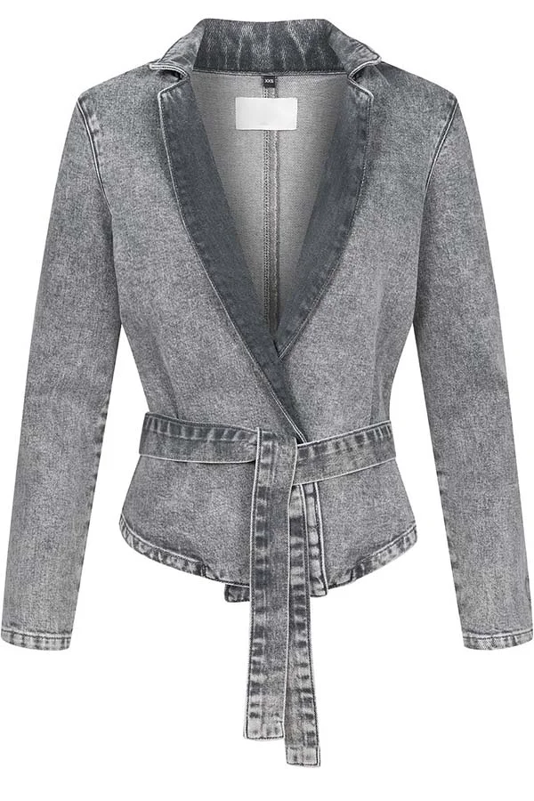 Casual Meetup Denim Stand Neck Long Sleeve Belted Loose Jacket