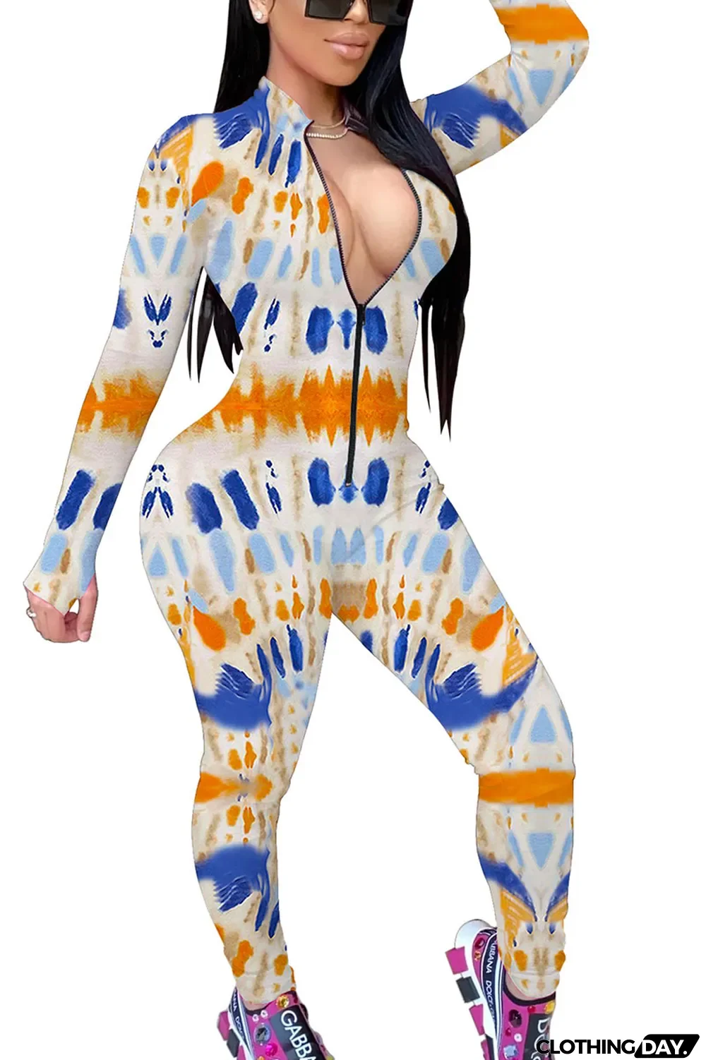 Orange Fashion Print Split Joint O Neck Regular Jumpsuits