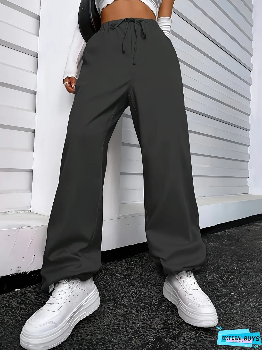 Drawstring Waist Straight Leg Pants, Casual Solid Pants For Spring & Fall, Women's Clothing