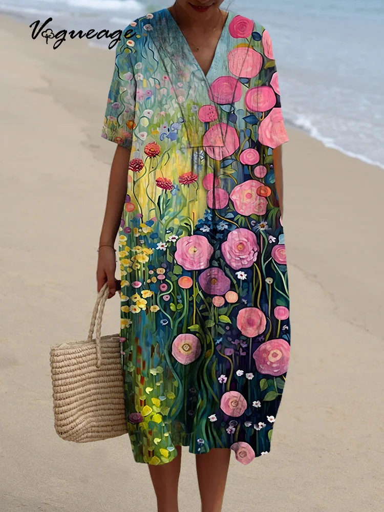 Colorful Fashion Hand Drawn Plants And Flowers Printed Women's Casual Cotton And Linen Dress