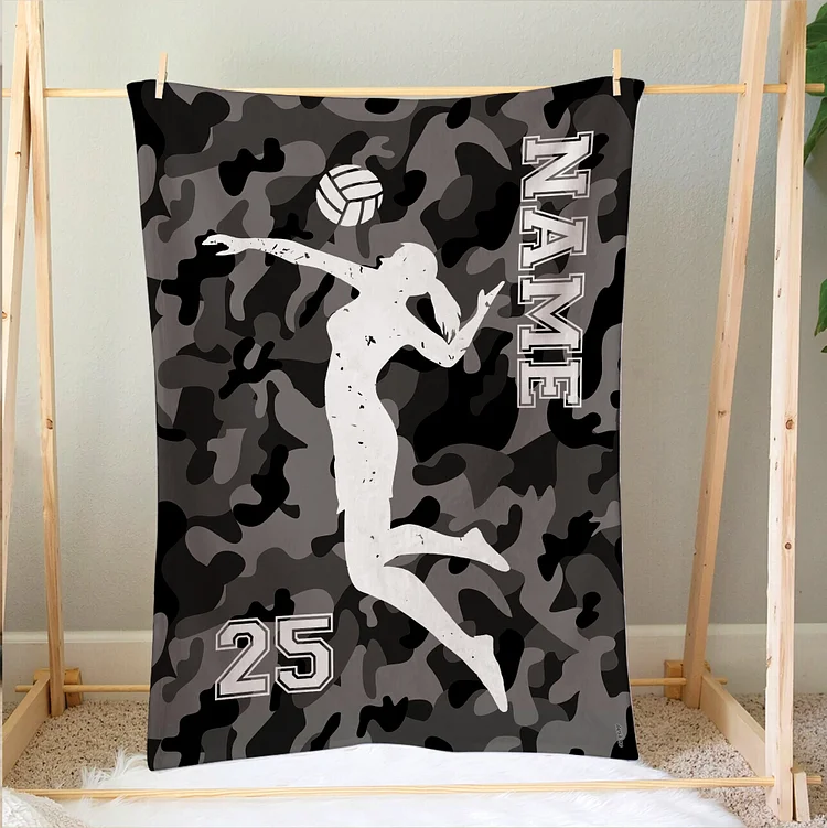 Personalized Volleyball Camo Blanket, Custom Name Number Soft Cozy Blankets | BKKid436