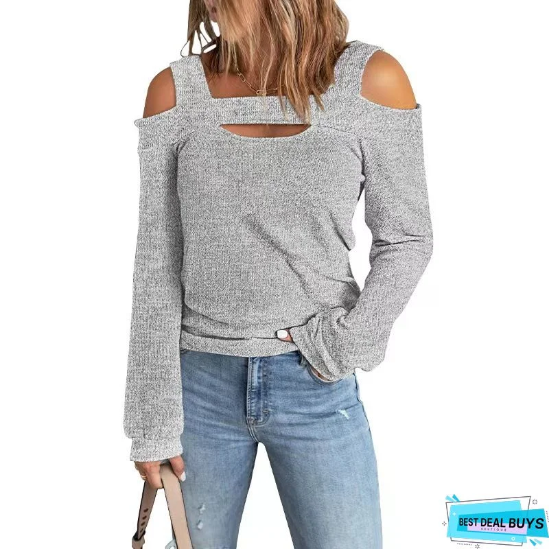 Sexy Strapless Solid Color Casual Long Sleeve Sweater