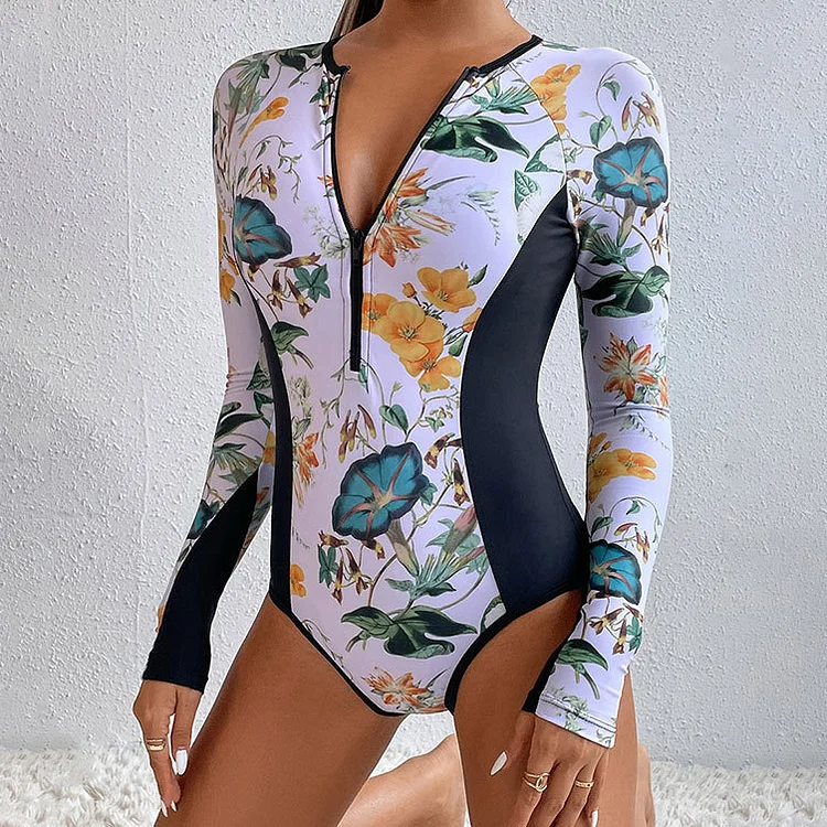 Long Sleeve Print Sexy One Piece Swimsuit