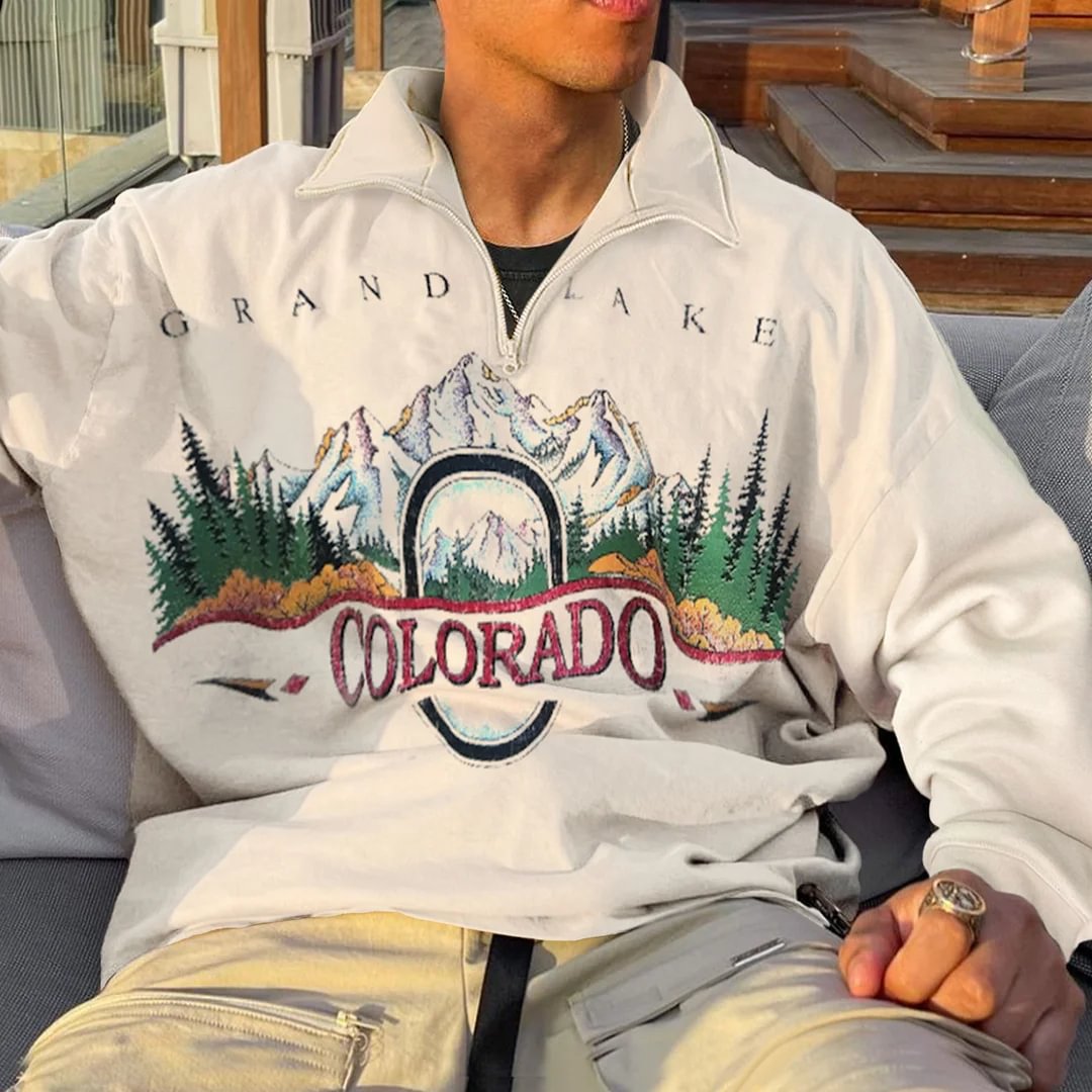 Men's Vintage Colorado Print Long Sleeve Zip Polo Neck Oversize Sweatshirt