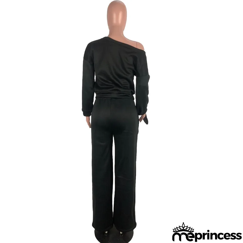 Autumn Casual Logo Print Crop Top and Loose Trousers Set