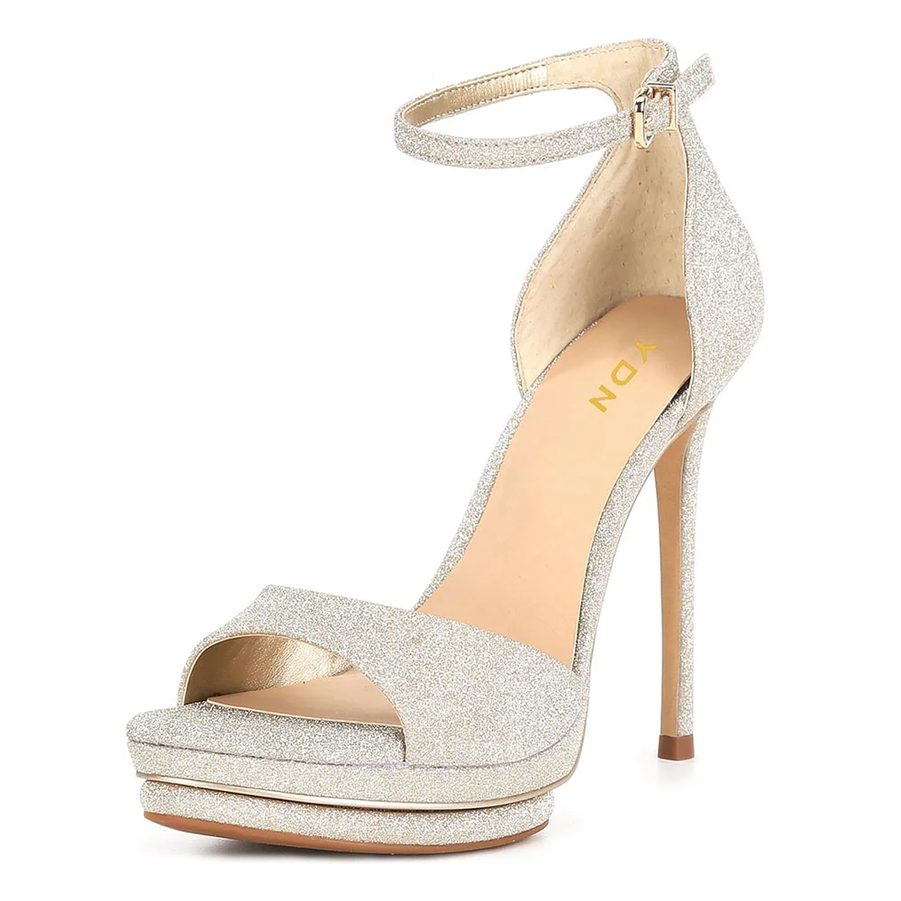 Champagne Glitter Ankle Strap Open Toe Platform Heel Sandals