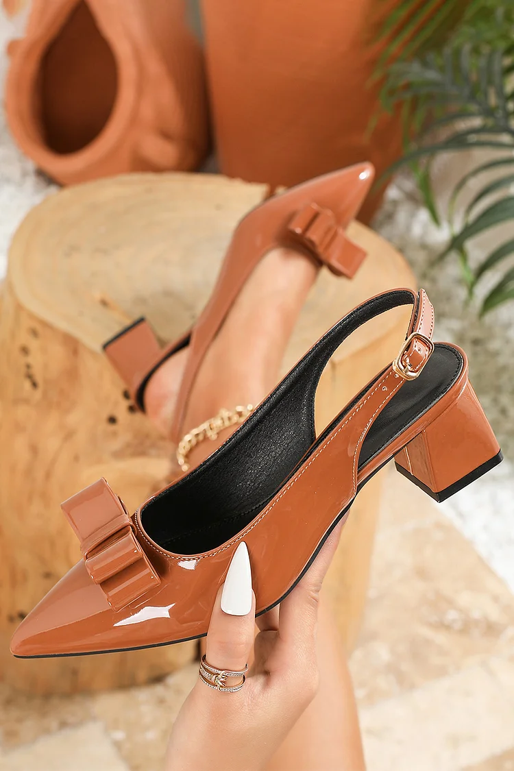 Solid Color Bow Decor Pointed Toe Slingback Chunky Heels