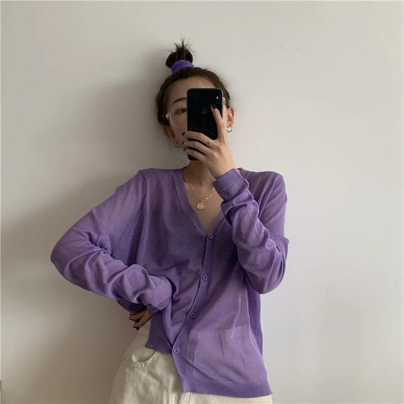Cardigan Women Korean Long Sleeve Cardigan Summer Cropped Cardigan Knitted V Neck Thin Ice Silk Blouse Sunscreen Shirt 13482