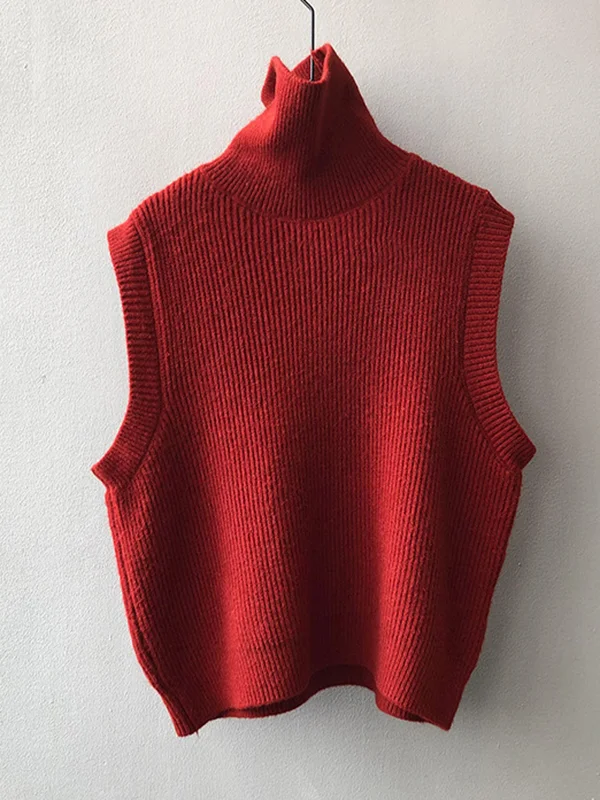 Casual Roomy Sleeveless Pure Color High-Neck Sweater Vest Outerwear