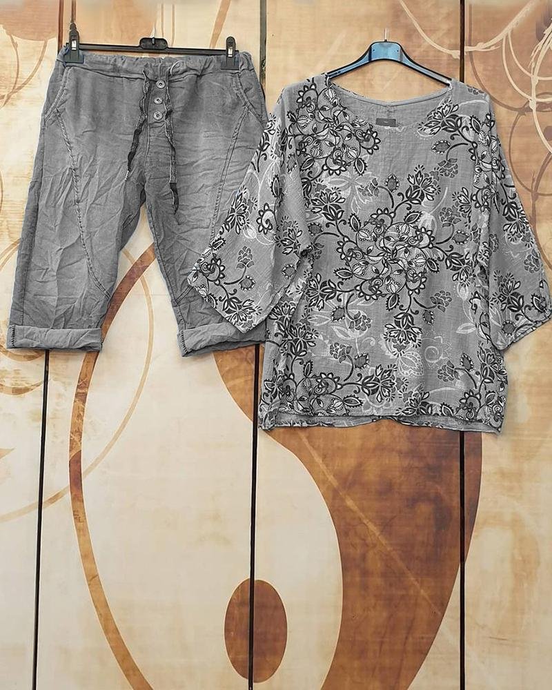 Flower Print Round Neck Half Sleeve Two-Piece Set
