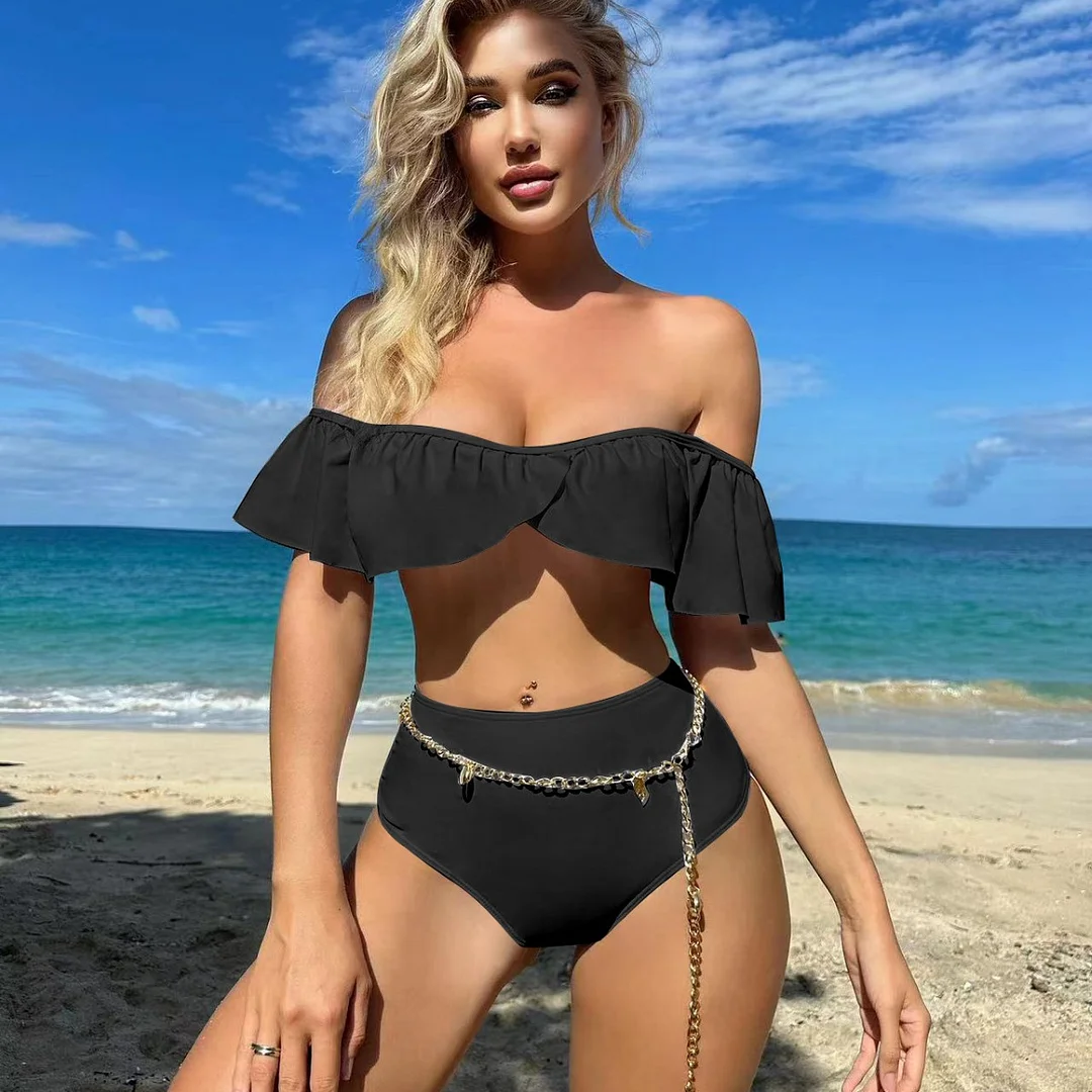 Brownm 2023 New Lotus-Leaf Side Sexy Bra High-Waisted Swimsuit Bikini Bikini