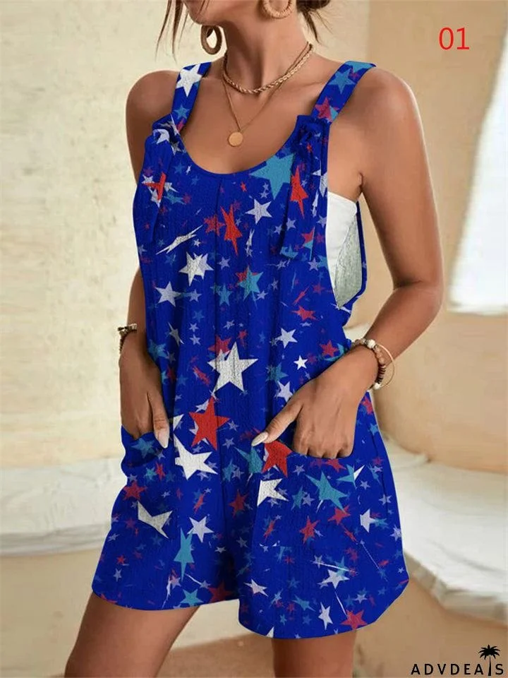 Lady Temperament Star Flag Print Sleeveless Jumpsuits