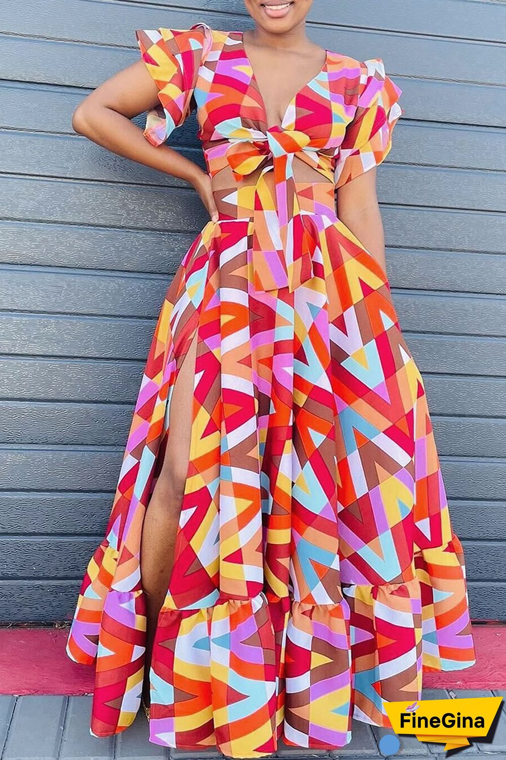 Colour Casual Daily Color Lump Printing Contrast Two Pieces