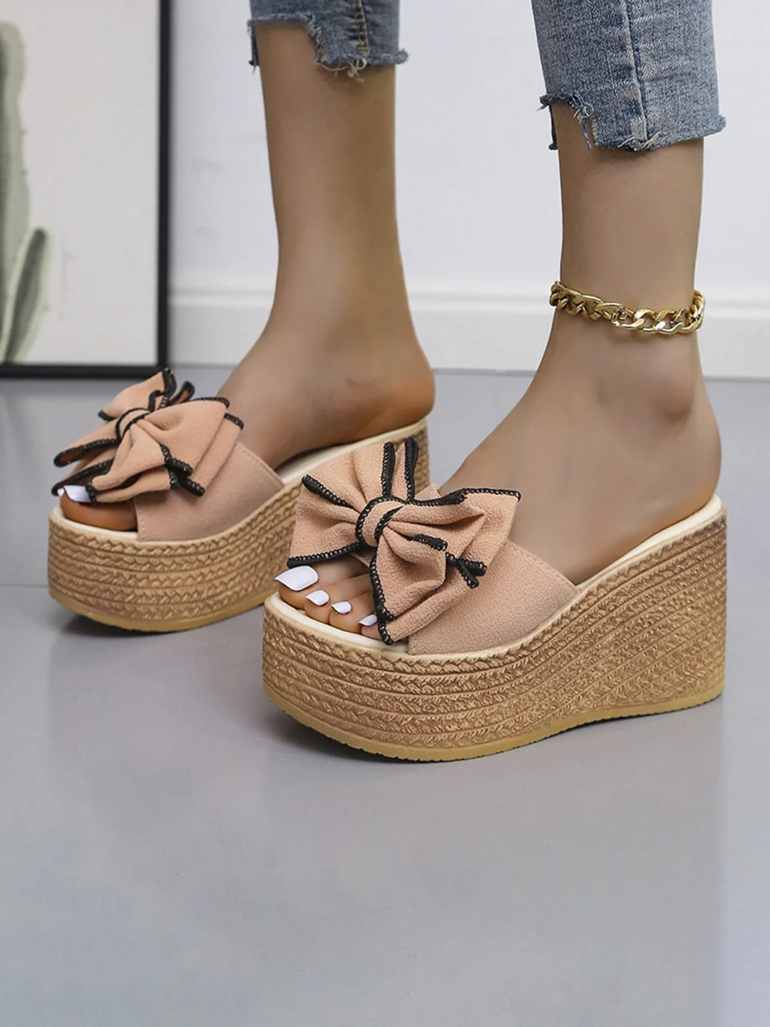 Fish Mouth Open Toe Bow Knot Wedge Sandals and Slippers