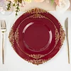 10 Pack | 8" Round Plastic Dessert Salad Plates In Vintage Burgundy, Gold Leaf Embossed Baroque Disposable Plates