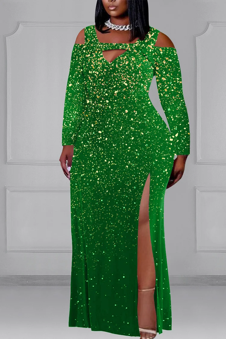 Xpluswear Plus Size Green Formal Hollow Out Shiny High Split Long Sleeve Maxi Dresses 