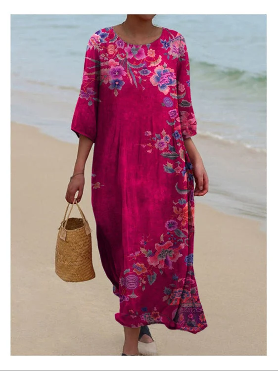 Women's 3/4 Sleeve Scoop Neck Graphic Printed Midi Dress