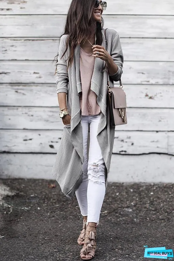 Light Grey Waffle Knit Drape Front Long Cardigan
