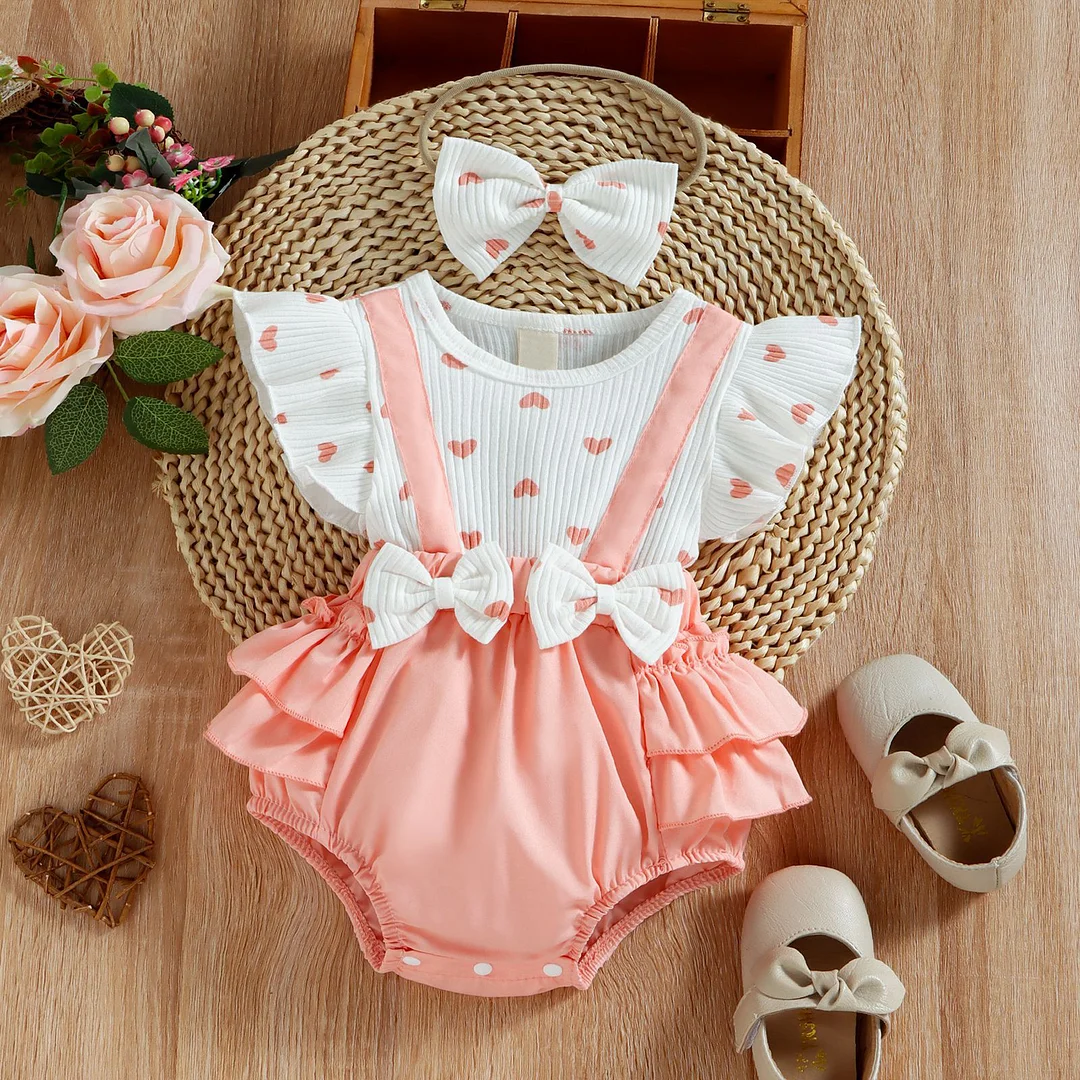 2PCS Lovely Heart Printed Baby Girl Romper