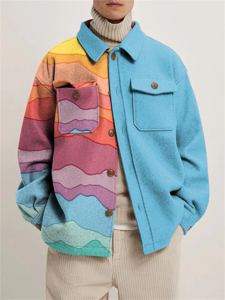 Loose Casual Men's Jacket Colorful Geometric Pattern Color Blocking Lapel Long Sleeve Single-breasted Jacket-Cosfine