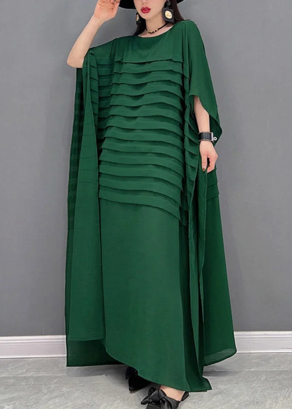 Bohemian Green O-Neck Striped Chiffon Ankle Dress Batwing Sleeve