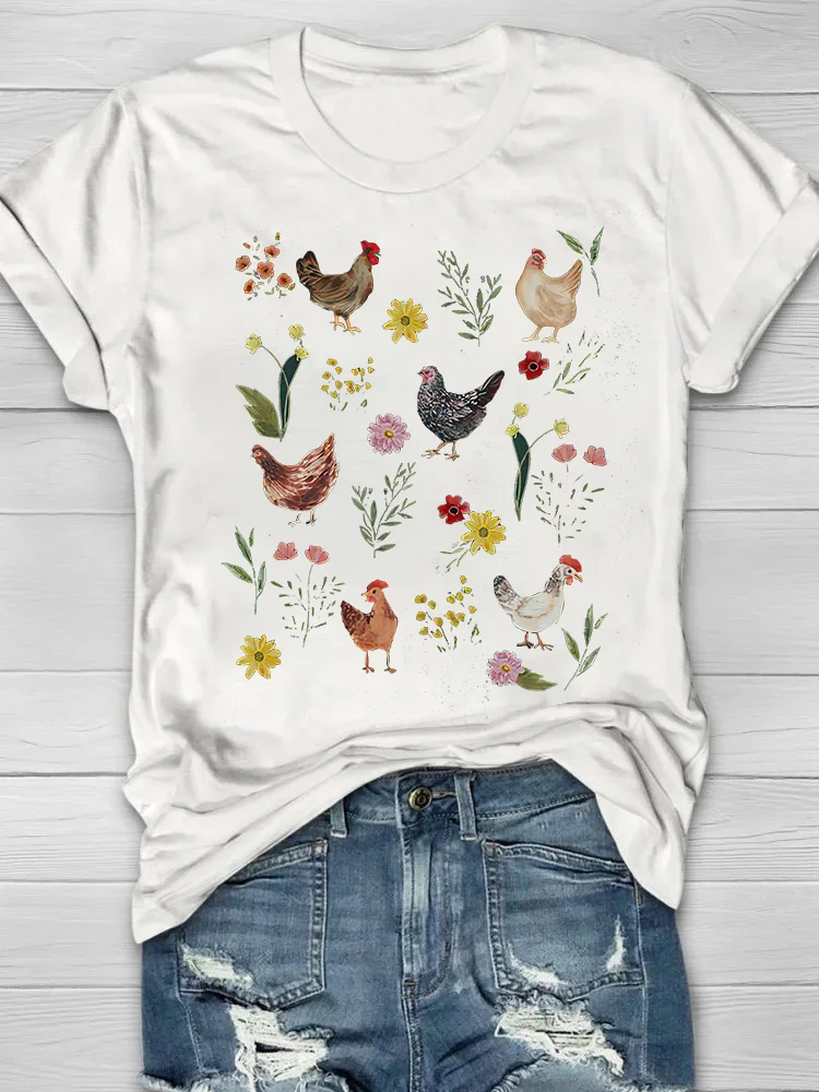 Wild Flower Chicken Printed Crew Neck T-shirt