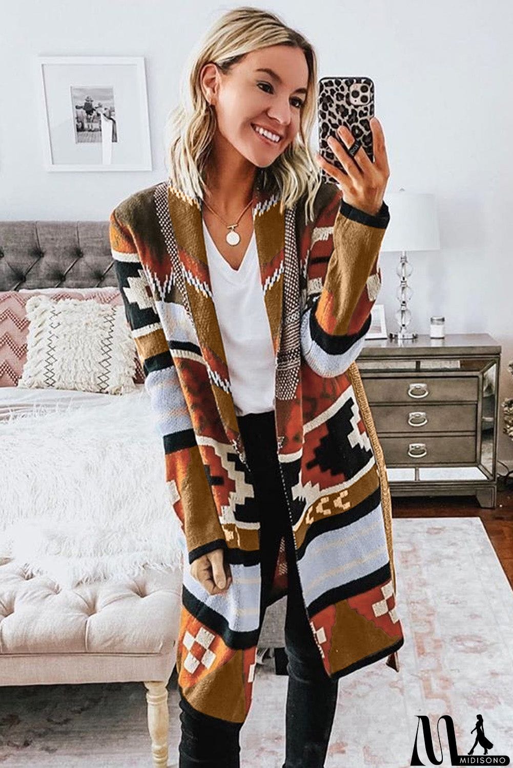 MidiSono - Multicolor Ethnic Style Knee Length Open Front Cardigan