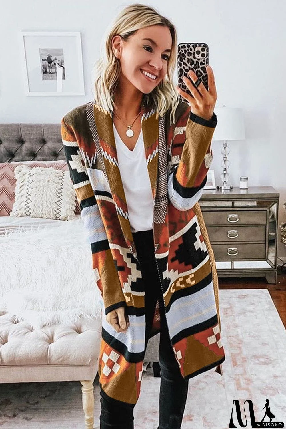 MidiSono - Multicolor Ethnic Style Knee Length Open Front Cardigan