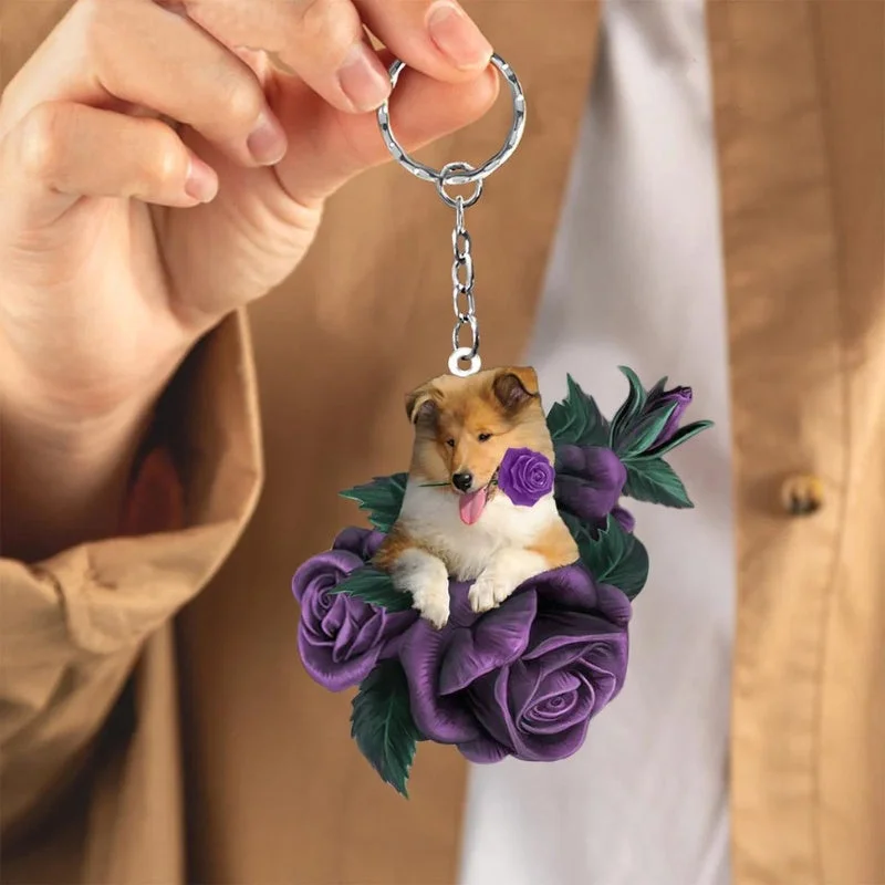 VigorDaily Rough Collie In Purple Rose Acrylic Keychain PR085