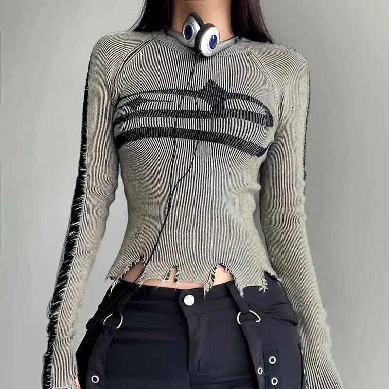 Brownm Long Sleeve Distressed Top
