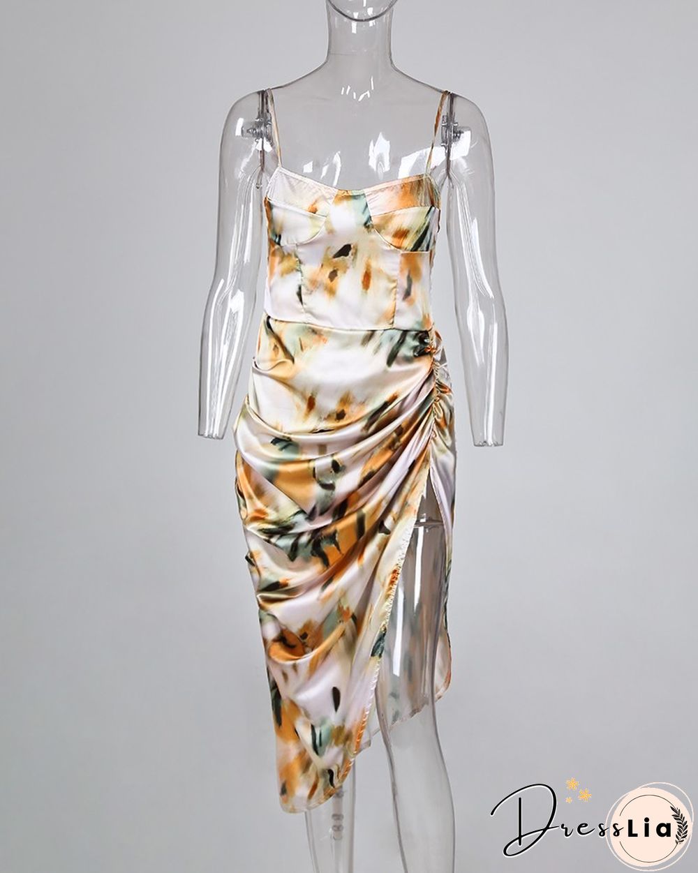 Abstract Print Spaghetti Strap High Slit Ruched Dress