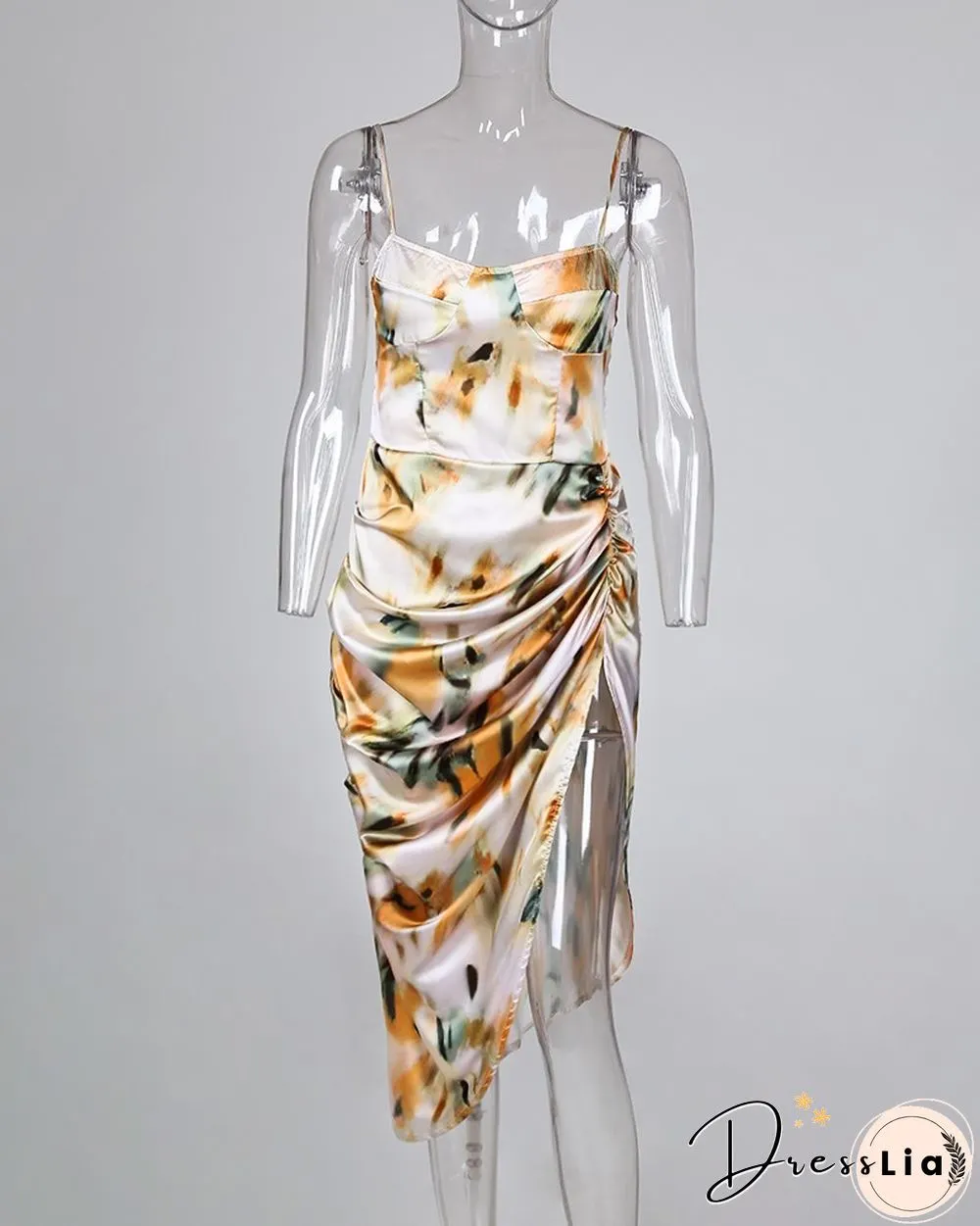 Abstract Print Spaghetti Strap High Slit Ruched Dress