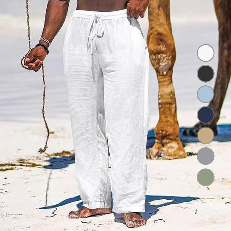 Men's Wide Leg Pants Thin Section Breathable Cotton Linen Loose Casual Beach Trousers