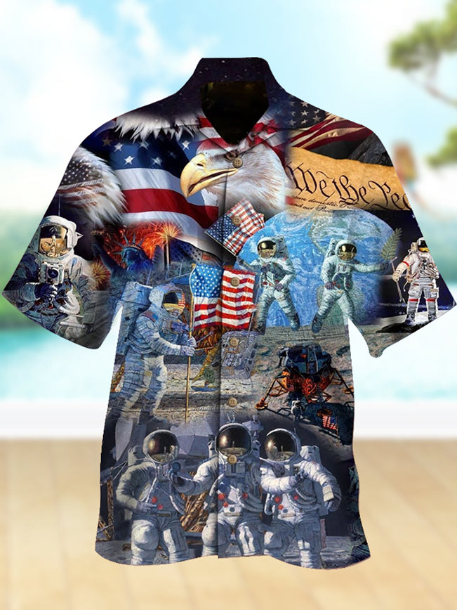 Men's Cuban Collar Creative Patchwork American Flag Day Hawaiian Shirt PLUSCLOTHESMAN