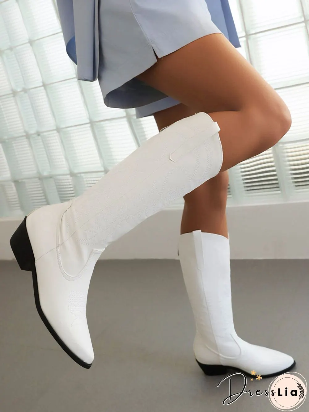 Embroidered Panel Plush Warm Pointed-Toe Cowboy Boots