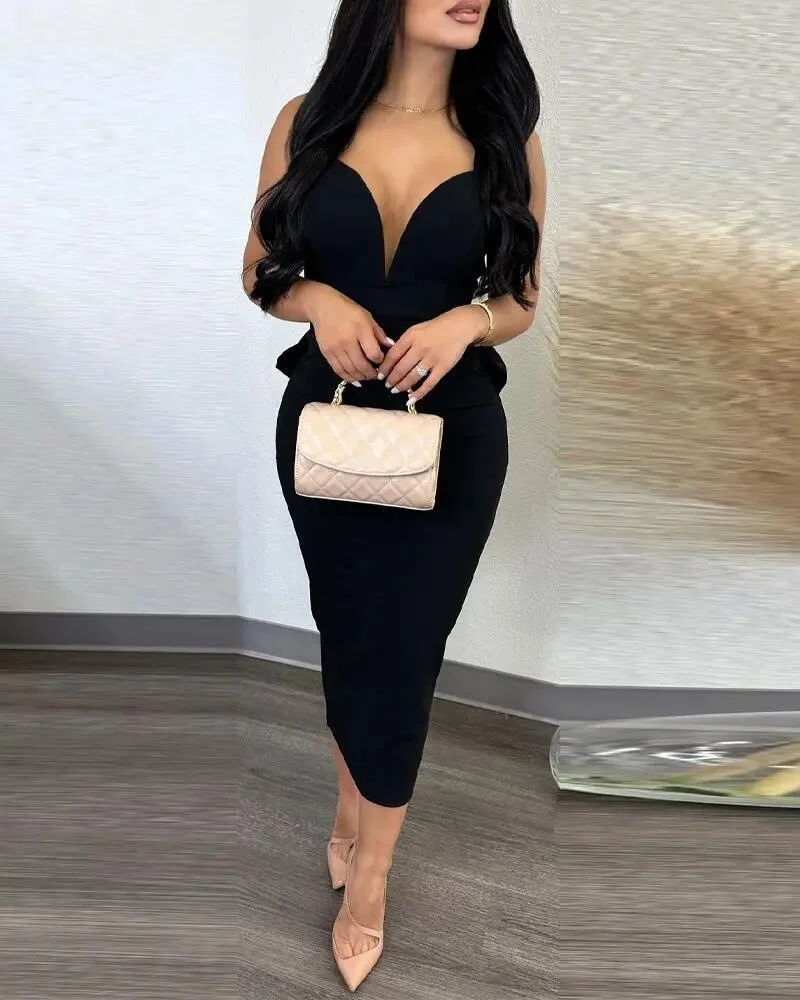 Mongw Mongw Temperament Elegant Solid Color Wrap Hip Dew Back Deep V High Waist Bow Stretch Slit Dress