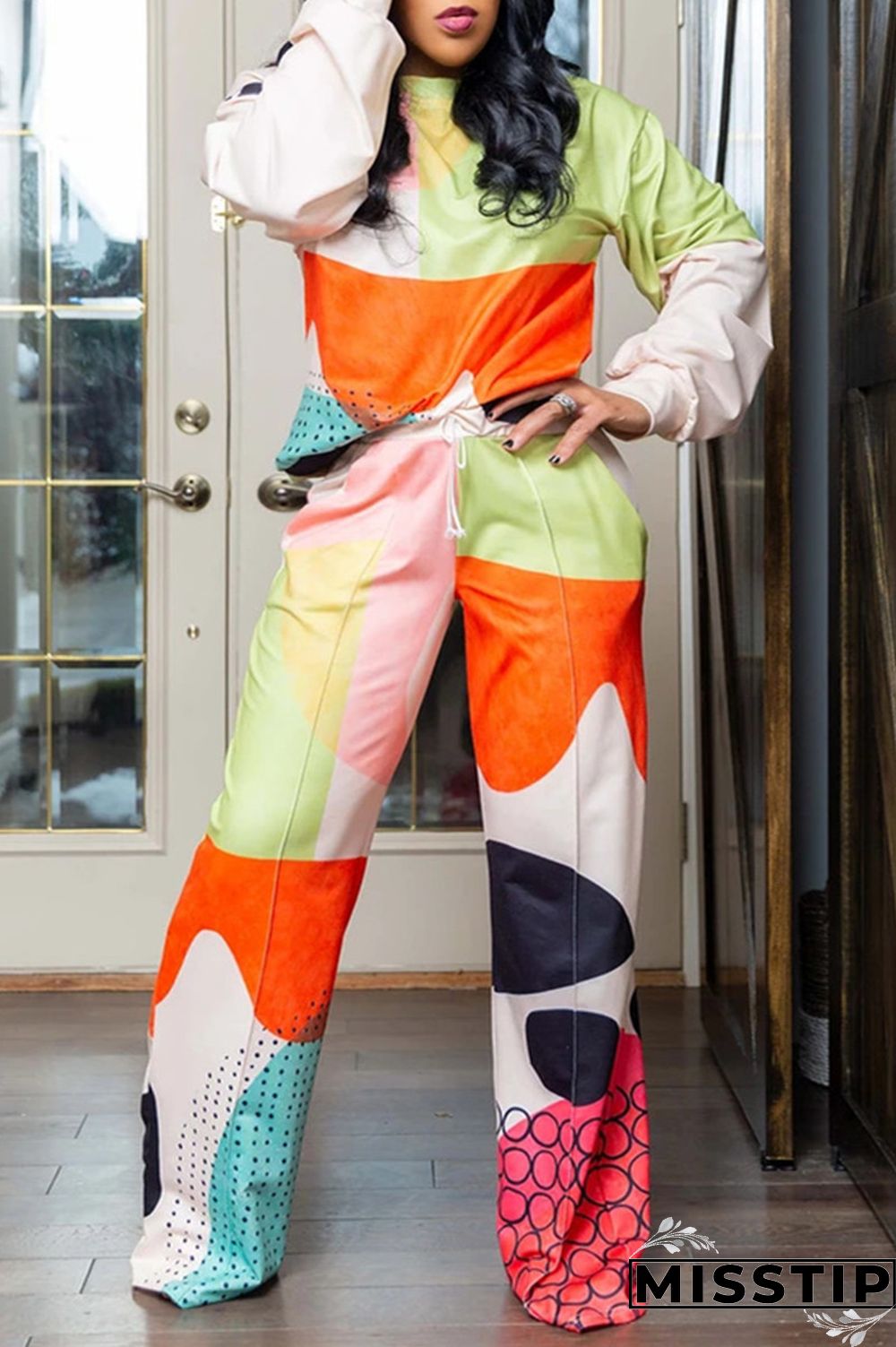 Orange Fashion Casual Print Basic O Neck Long Sleeve Two Pieces